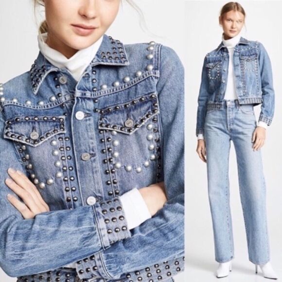 COH Cleo Embellished Studded Button Front Denim Jean Jacket Blue S - Picture 2 of 14